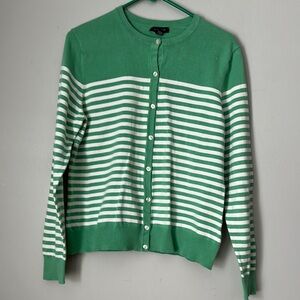Lands' End Sweater Women's M (10-12) Green/White Striped Stretch Cardigan